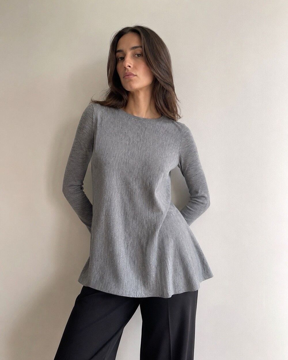 COS 100% Merino Wool Tunic Sweater Small Gray Swing A Line Button Back Capsule